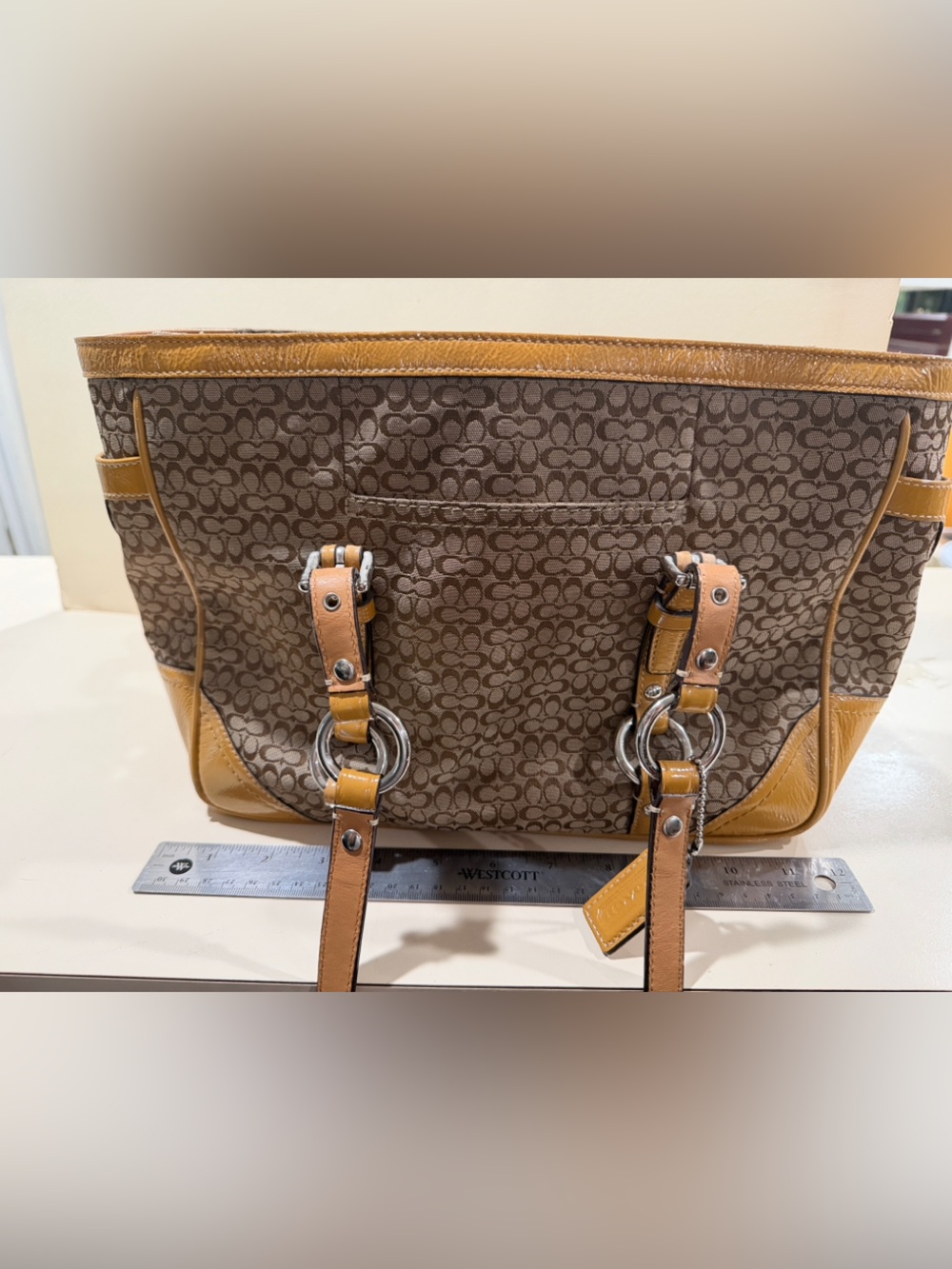 Authentic vintage Coach Signature Gallery Tote Bag khaki Brown w/tan leather - Picture 7 of 16